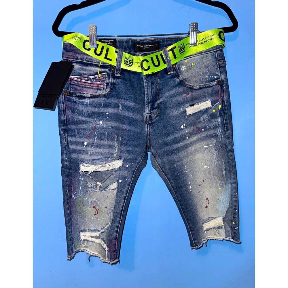 Cult of Individuality Beckham Rocker Distressed Jean Shorts Skittle Blue Mens 29